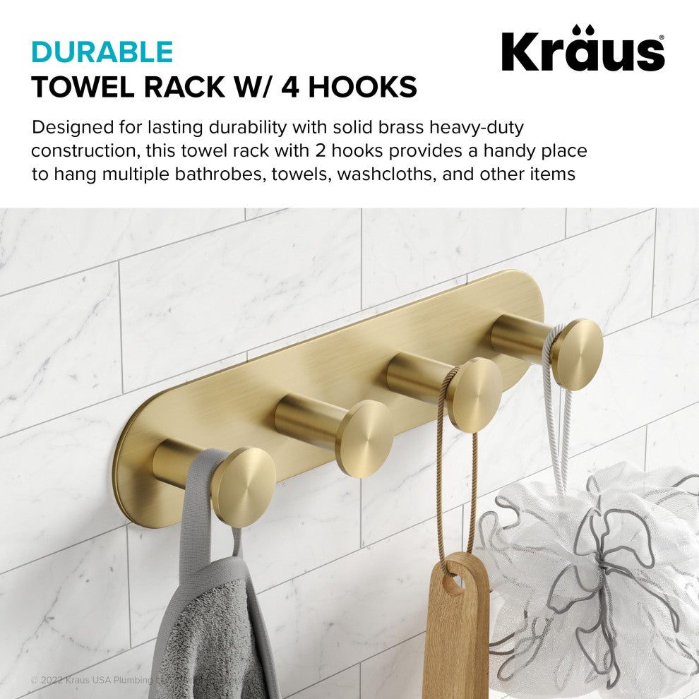 Elie Bathroom Robe and Towel 4-Hooks Rack, Brushed Gold