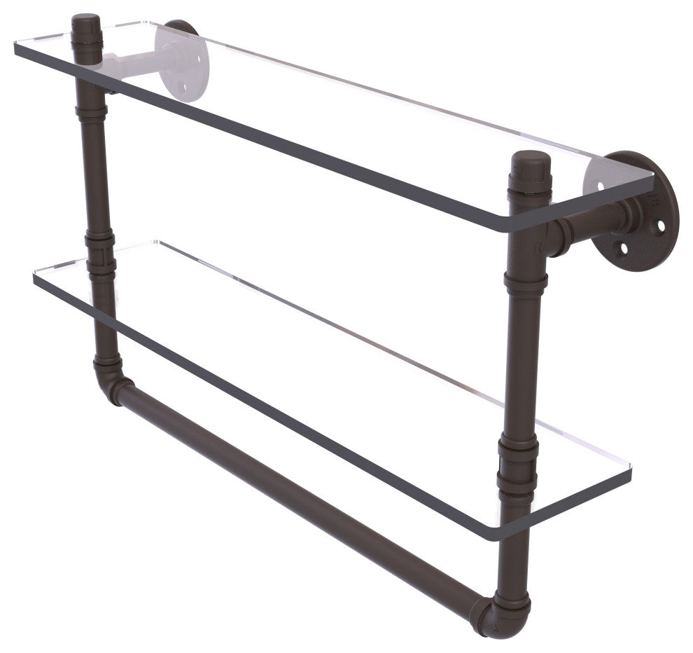 Pipeline Doulbe Glass Shelf with Towel Bar, Oil Rubbed Bronze, 22"