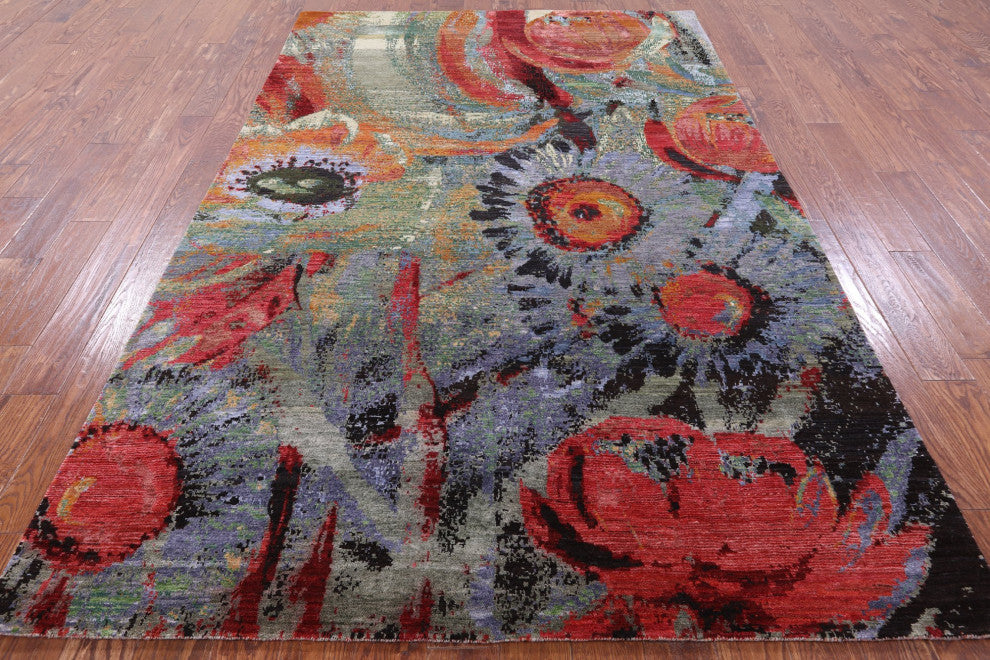 6' 2" X 9' 4" Garden Design Wool and Silk Rug Q8789