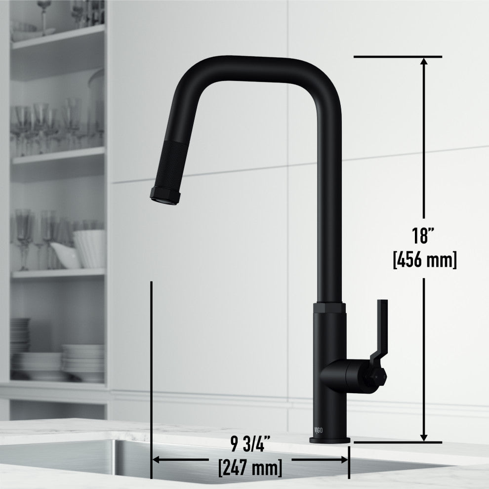 VIGO Hart Angular 18" H Single Handle Pull-Down Kitchen Faucet, Matte Black, Without Extras