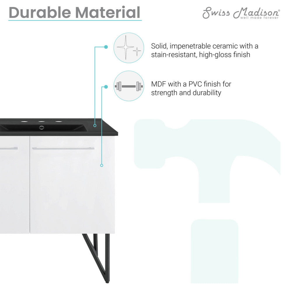 Annecy 60" White, Double Basin Bathroom Vanity With Black, 3-Hole Sink Top