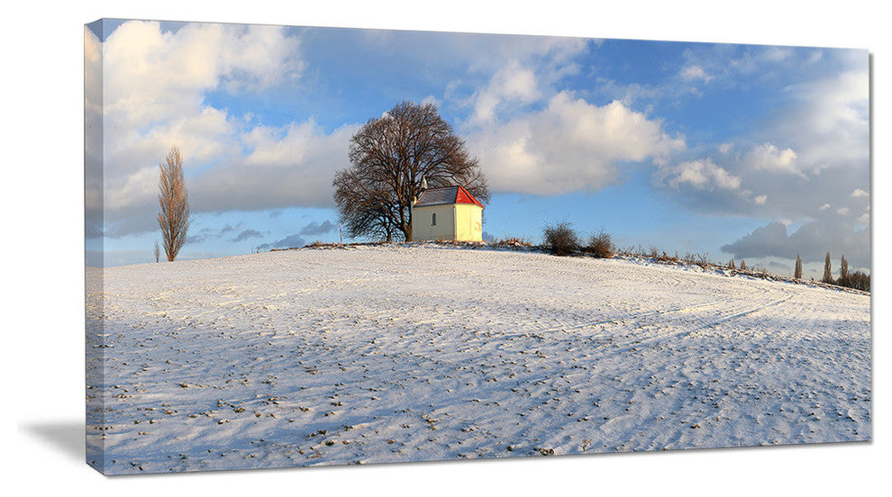 Winter Landscape with Chapel, Landscape Canvas Art Print, 60"x28"
