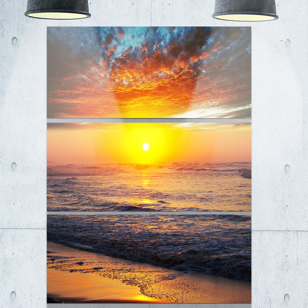 "Bright Sunset Over Blue Waters" Beach Metal Wall Art, 3 Panels, 28"x36"