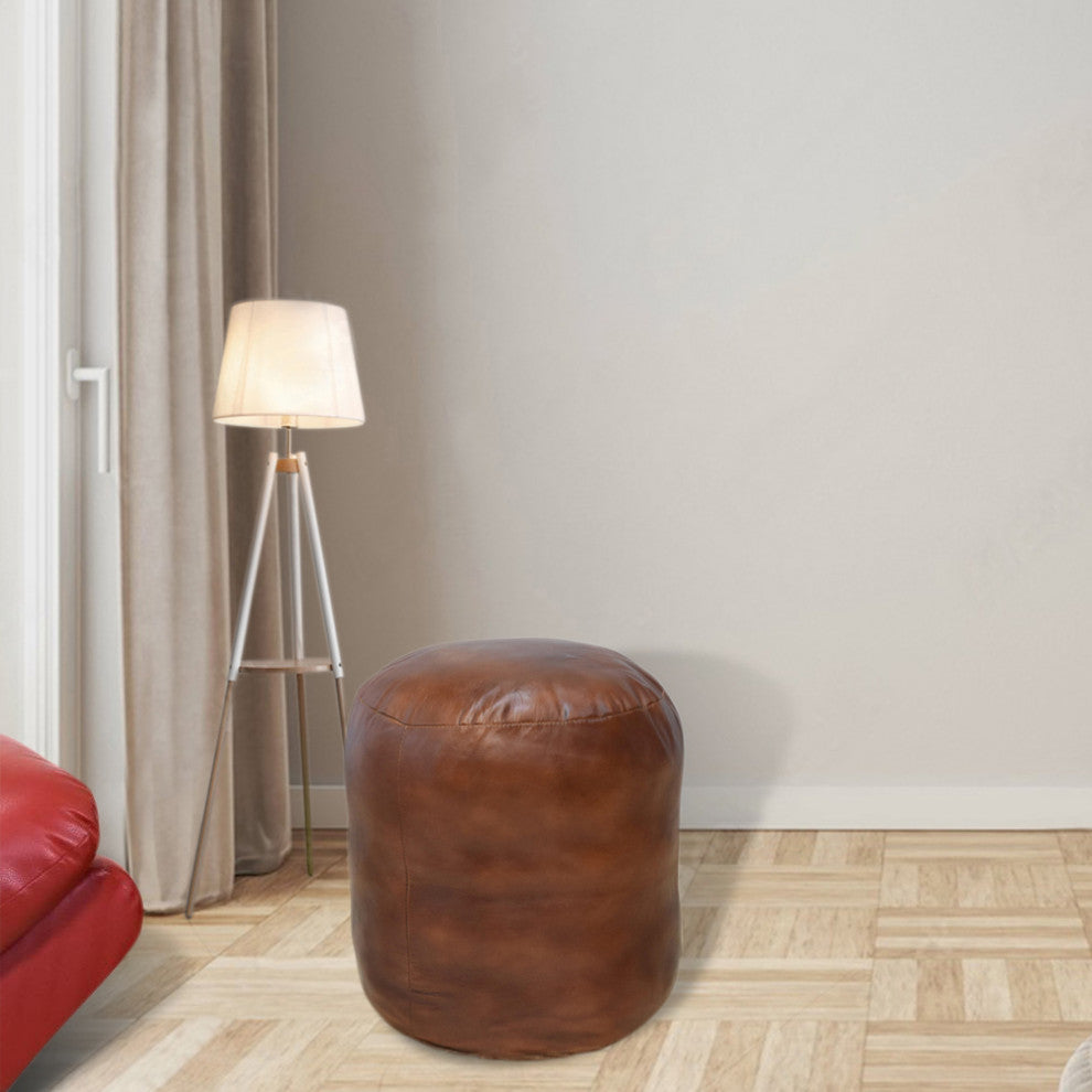 Pouf-Solid Handmade Leather Pouf (Recycled Foam with Fiber Fill), Brown, (Round]16x16x16