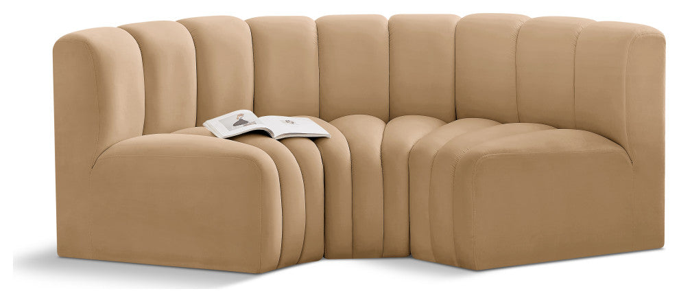 Arc Velvet Upholstered 3-Pc. Inward Curved Modular Sectional, Camel