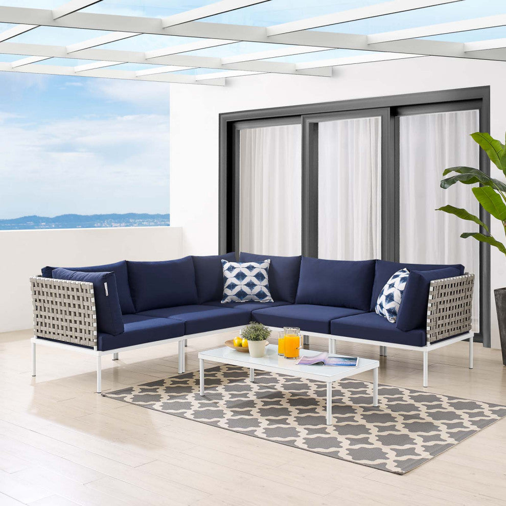 Lounge Sectional Sofa Chair Table Set, Sunbrella, Aluminum, Blue Navy, Outdoor
