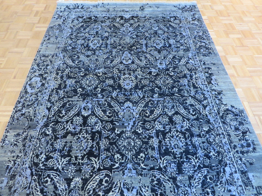 6'4"x10' Hand-Knotted Black Wool and Silk Modern Oriental Rug