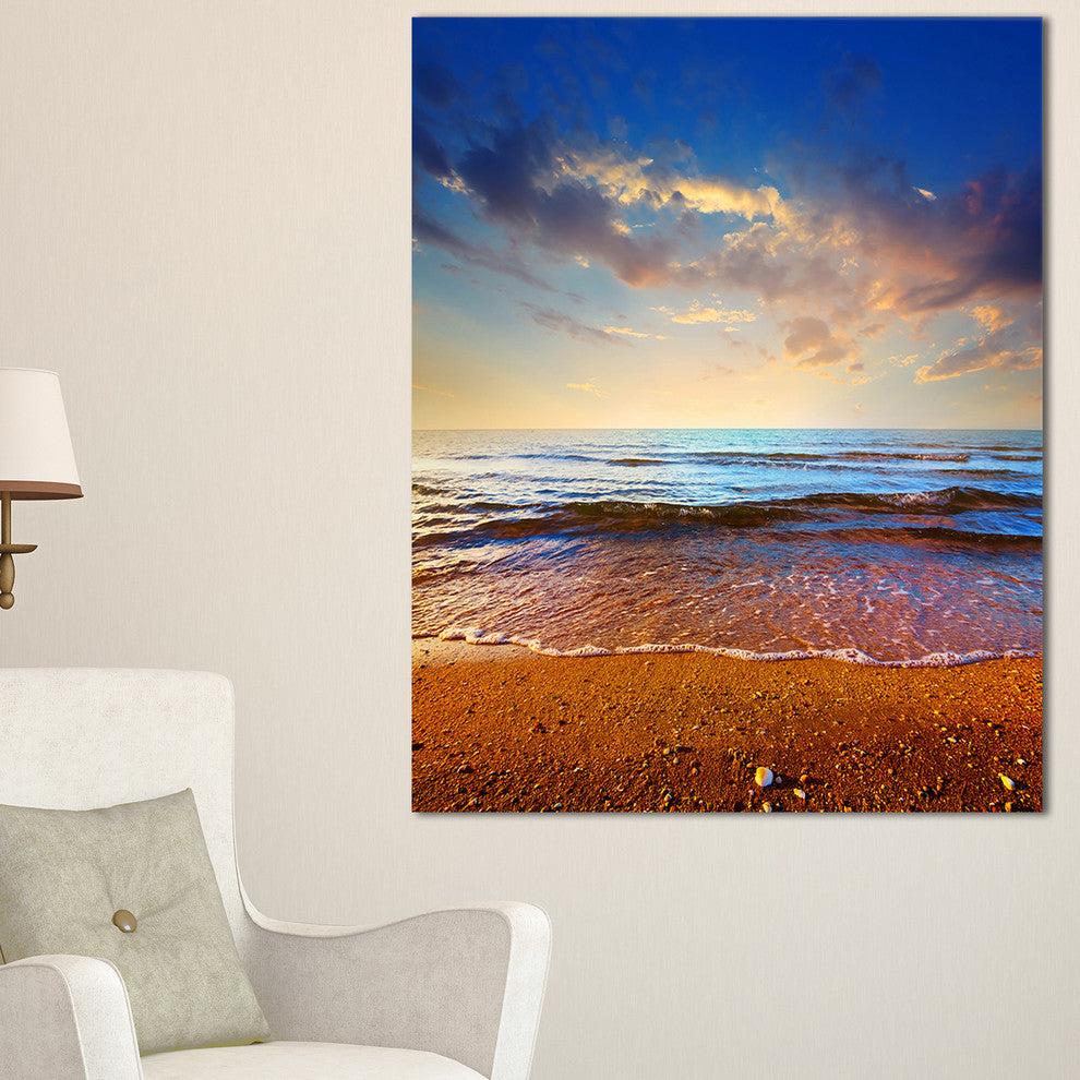 "Cloudy Skies With Vibrant Seashore" Modern Beach Canvas Art Print, 16"x32"