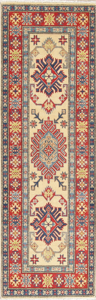 Traditional Kazak Oriental Hand-Knotted Pakistani Runner Rug, Beige, 6'5"X2'1"