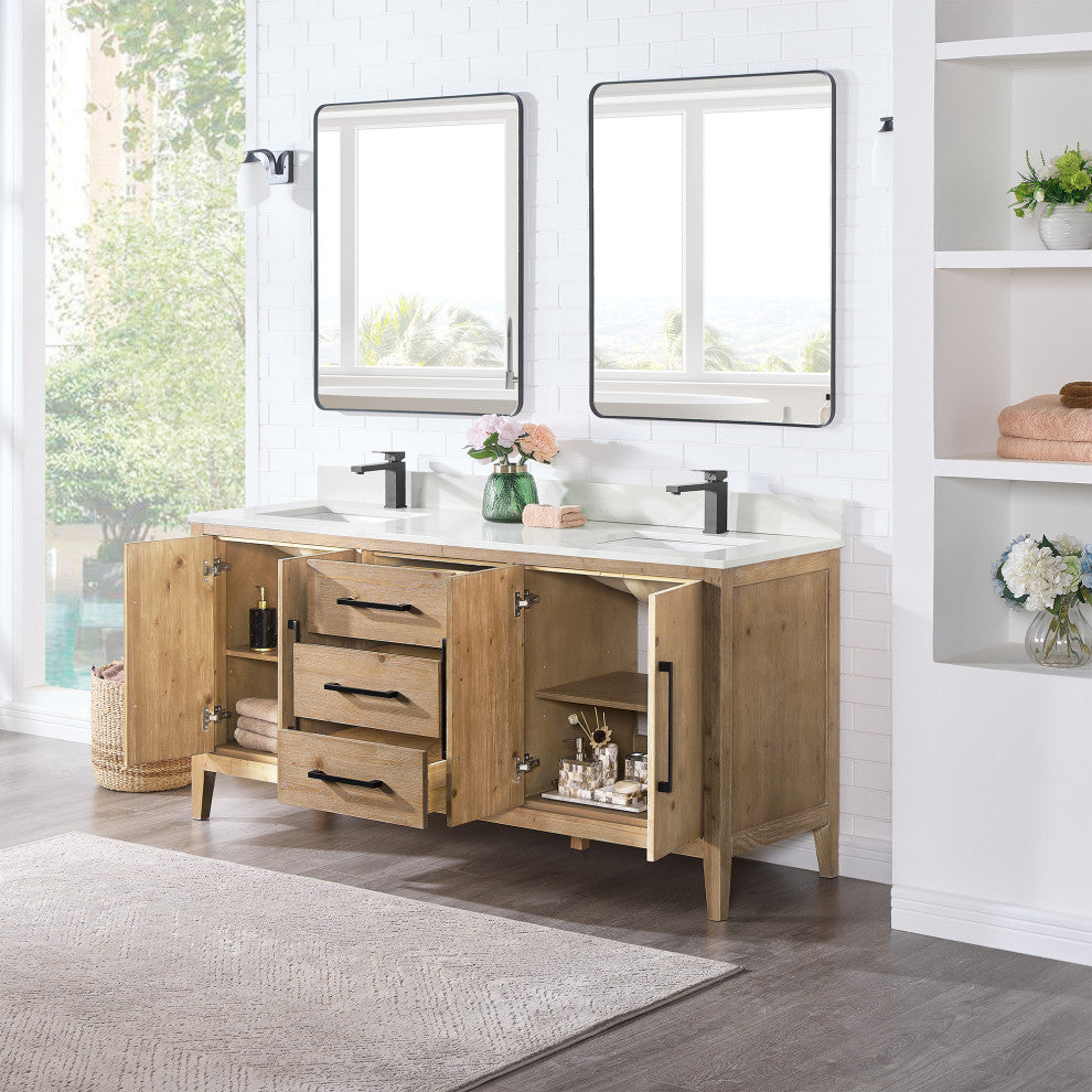 Laurel Bathroom Vanity with Calacatta White Quartz Stone Countertop, Weathered Fir, 72", With Mirror