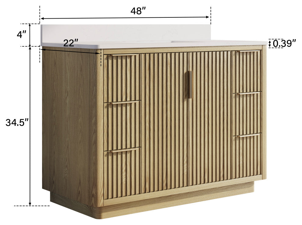 Solid Wood Freestanding Bathroom Vanity with White Quartz Top and Backsplash, 48"