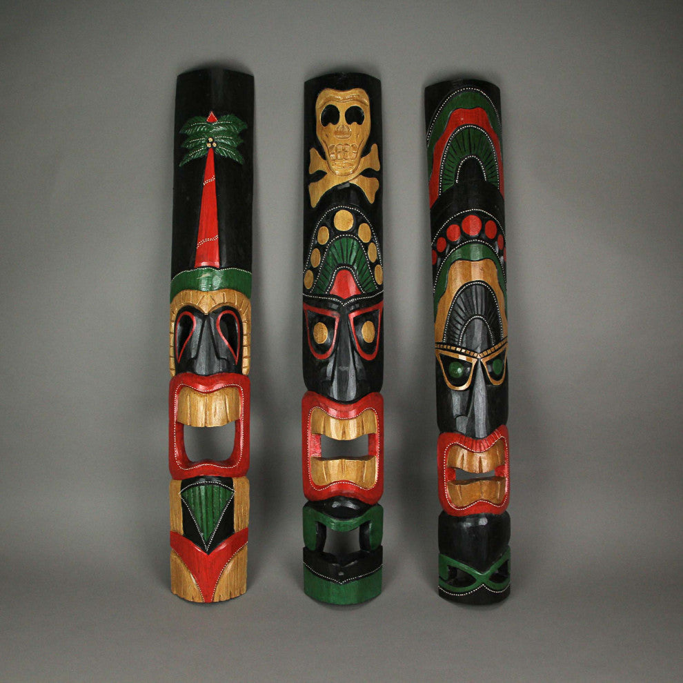 Set of 3 Hand Carved 39 Inch Tall Island Style Polynesian Tiki Masks