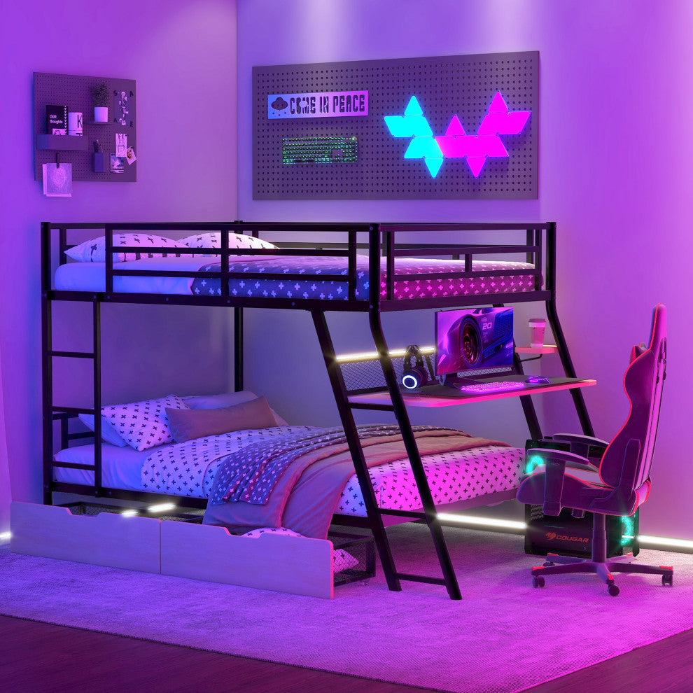 Gewnee Full Size Metal Bunk Bed with Built-in Desk, Light and 2 Drawers, Black
