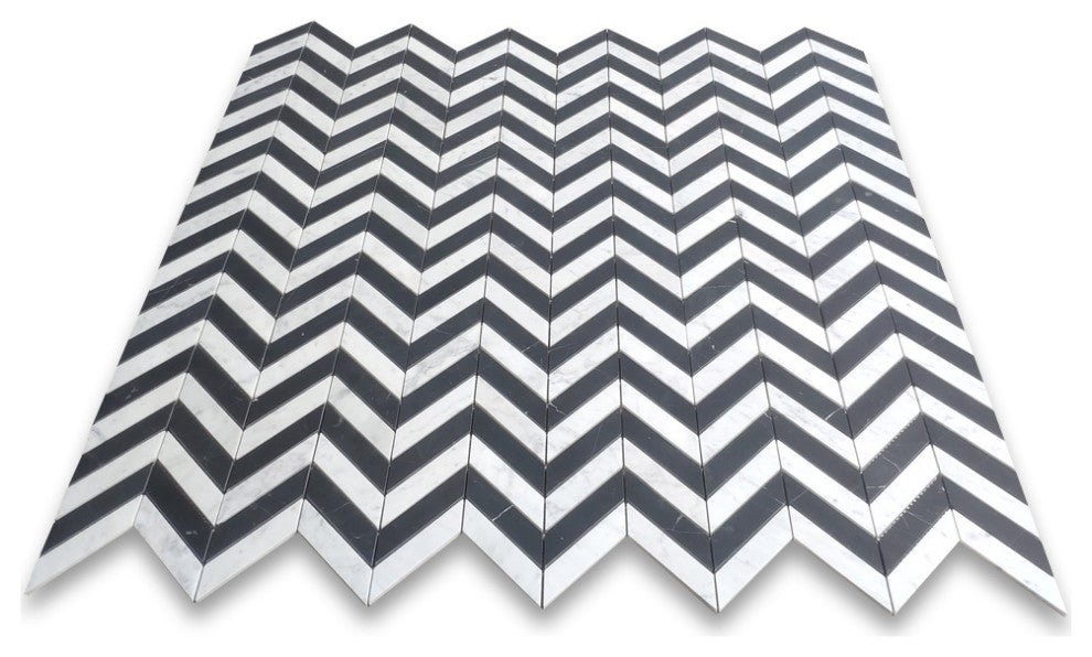 Carrara White Nero Marquina Black Marble 1x4 Chevron Mosaic Tile Honed, 1 sheet
