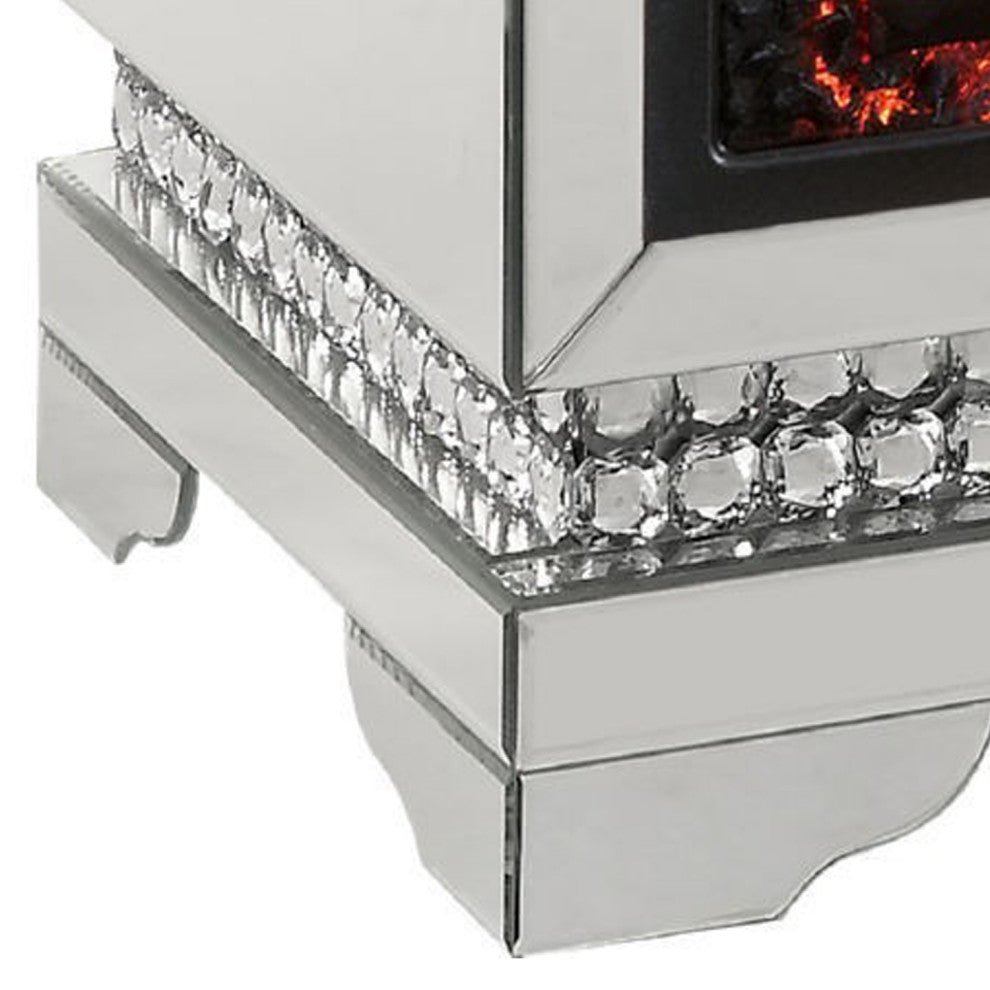 Benzara BM250304 Electric Fireplace, Mirror Panel Framing/Faux Diamonds Silver