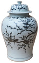 Black and White Porcelain Floral Bird Motif Temple Jar, 20"