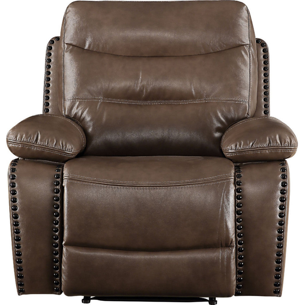 Benzara BM250552 Leatherette Power Recliner With Nailhead Trim Accent, Brown