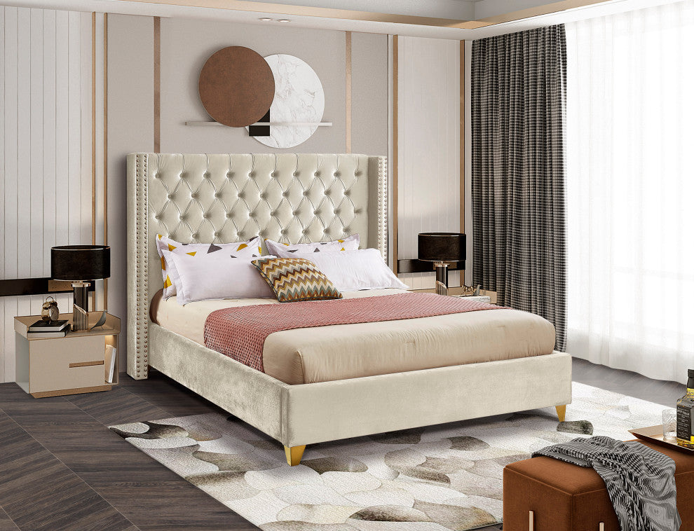 Barolo Velvet Upholstered Bed, Cream, Queen