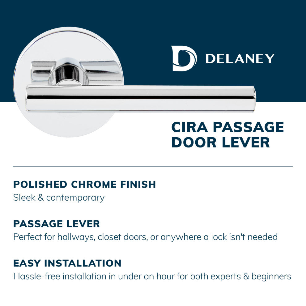 Delaney Hardware Cira Series Passage Set in Satin Nickel, Polished Chrome, Passage Lever