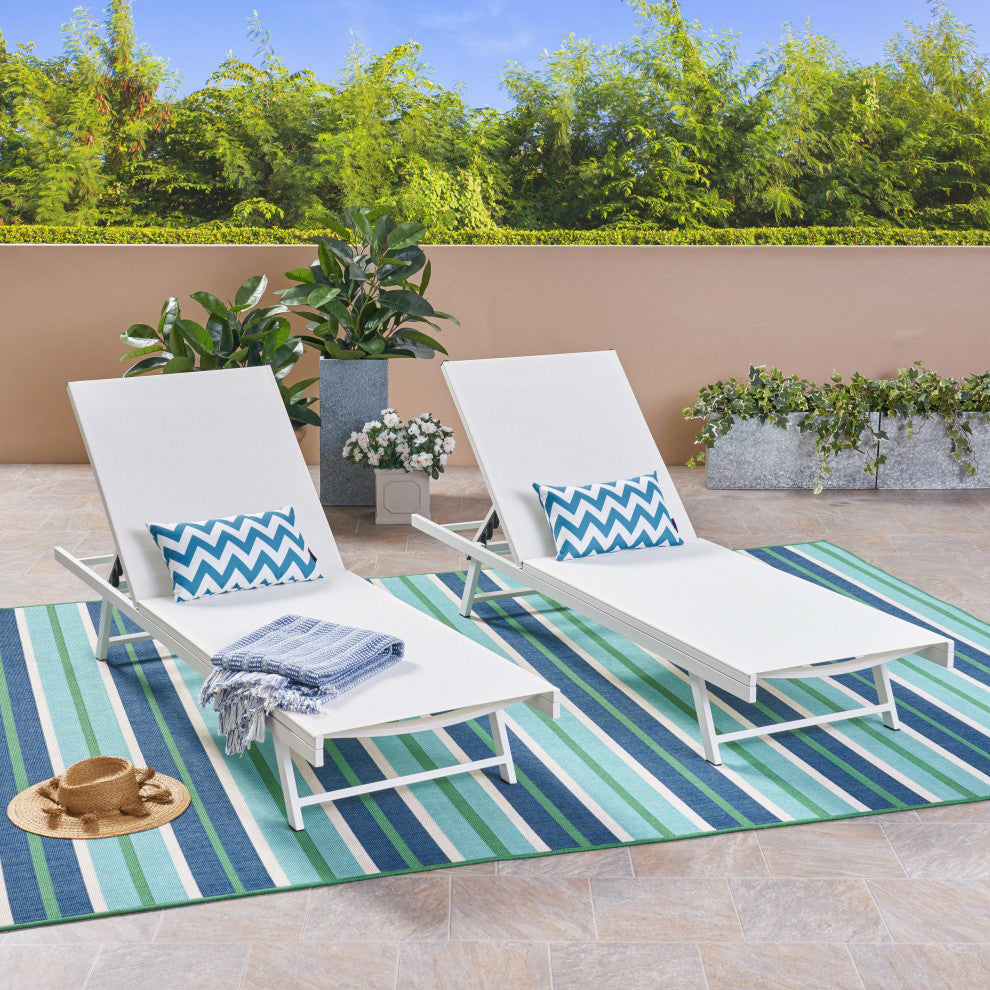 Simon Outdoor Aluminum and Mesh Chaise Lounge, White, Set of 2