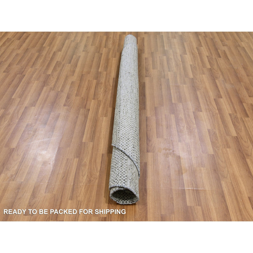 Perfect Gray Undyed Wool Modern Grass Design Hand Knotted Round Rug, 6'1"x6'