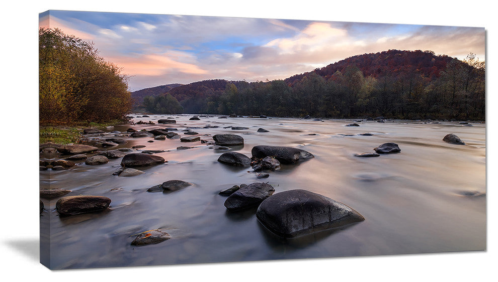 Rocky Mountain River in Autumn, Seashore Wall Art on Canvas, 32"x16"