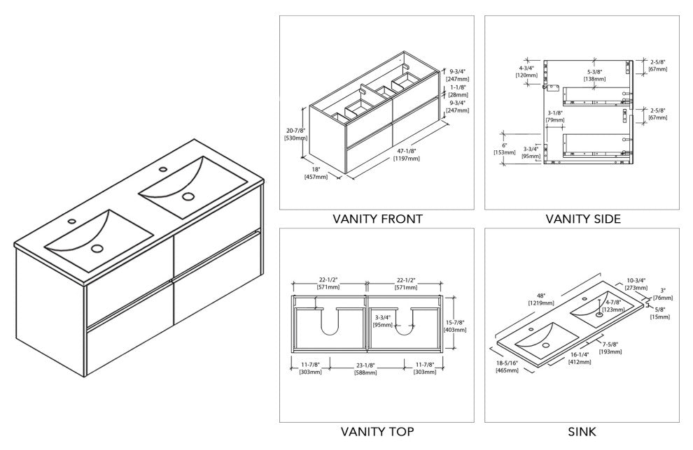 Blossom Valencia 48" Vanity Set, Glossy White, No Mirror, Double