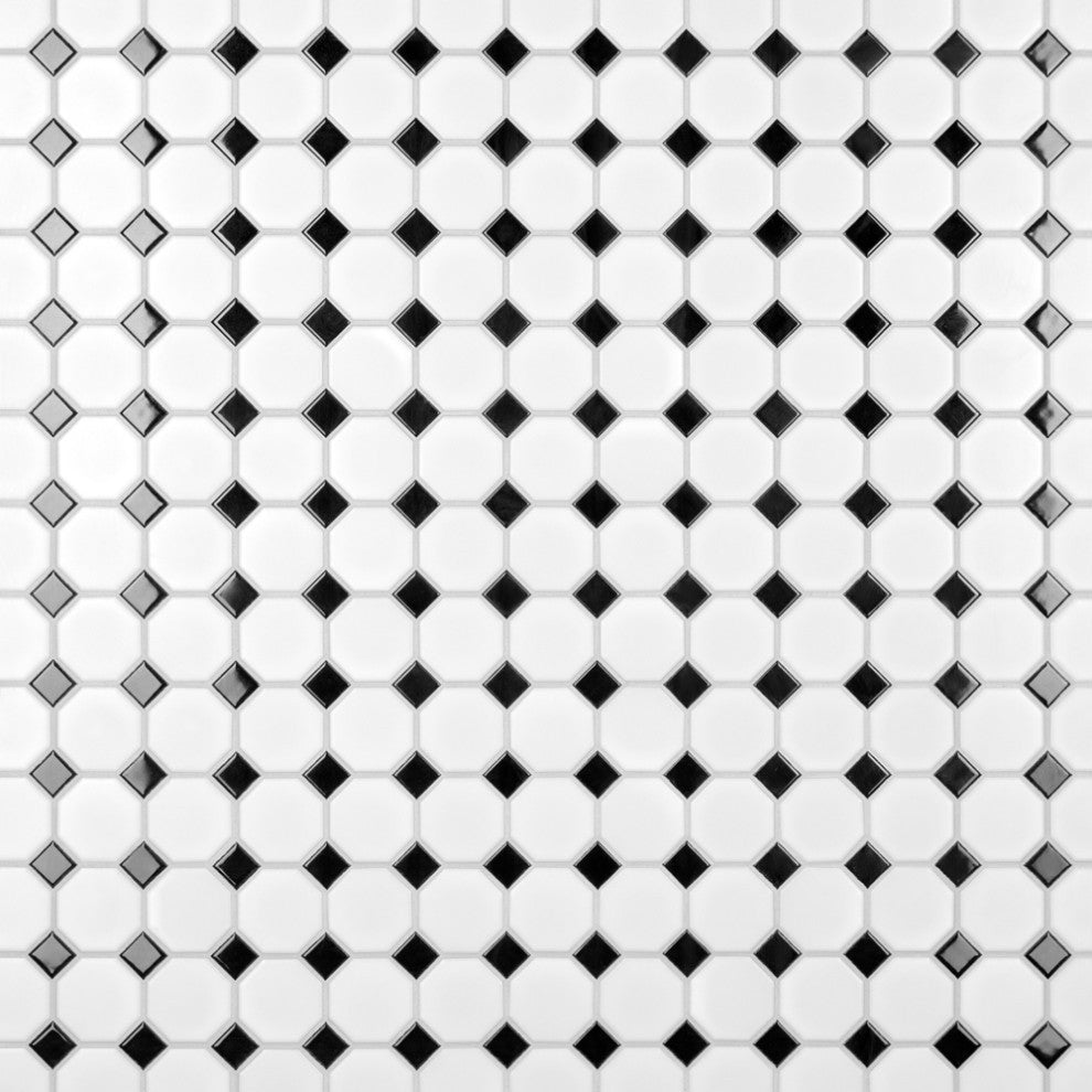 Metro Octagon Matte White w/ Black Dot Porcelain Floor and Wall Tile