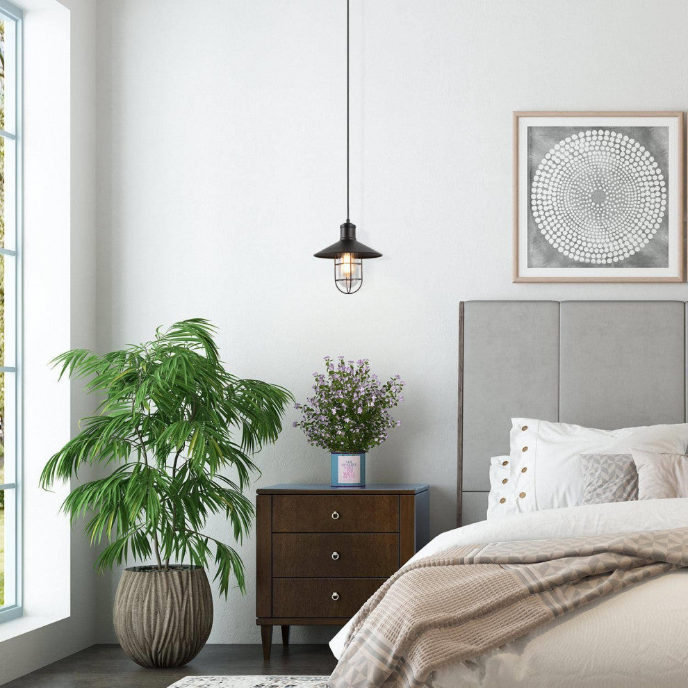 LNC 1-Light Farmhouse Matte Black Lantern Shade Mini Pendant Lighting