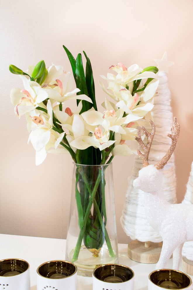 Cymbidium Orchid With Vase, White and Green