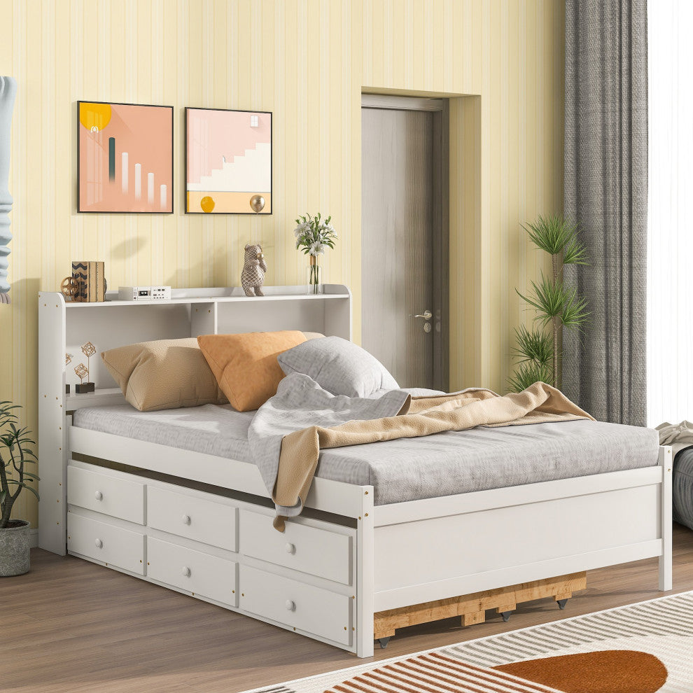 Full/Twin Wood Frame Platform Bed with Trundle and Drawers, White, Full