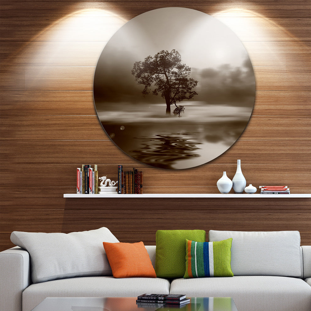 Alone Tree On Island In Sepia, Disc Metal Wall Art Landscape, 23"