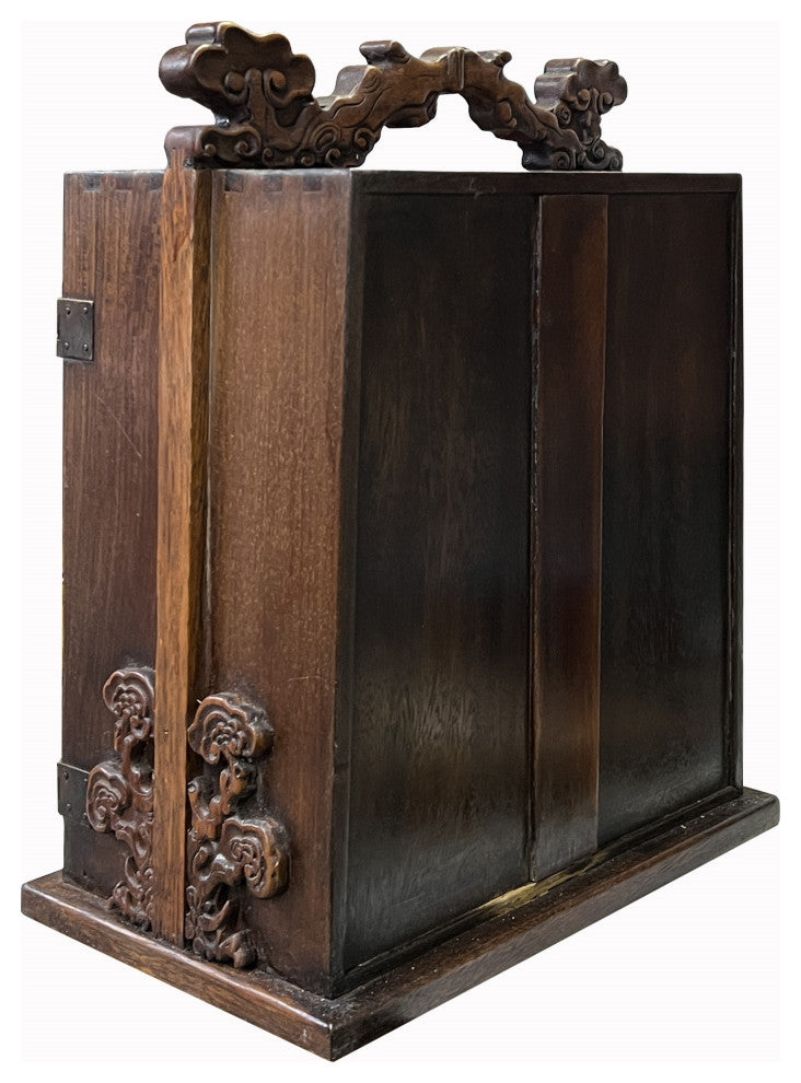Chinese Distressed Wood RuYi Relief Motif Carved Drawers Box Chest Hws3050