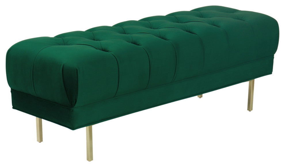 Velvet Upholstered Metal Bench with Deep Button Tufted Details, Emerald Green