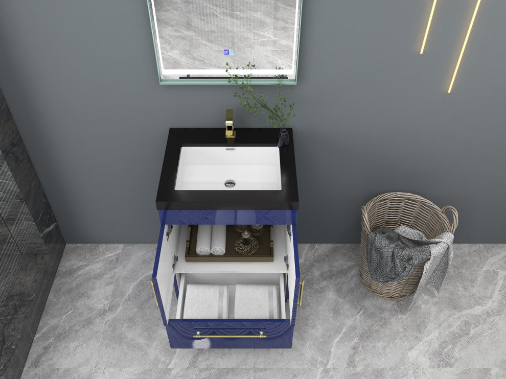 Rosa 24" Free Standing Modern Vanity, High Gloss Night Blue, Matt Black Top