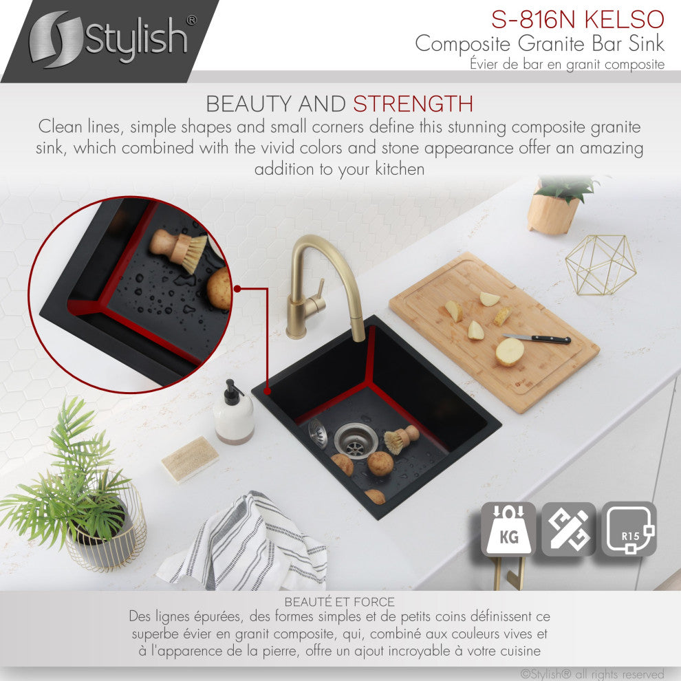 STYLISH 16"Dual Mount Single Bowl Black Granite Kitchen Sink