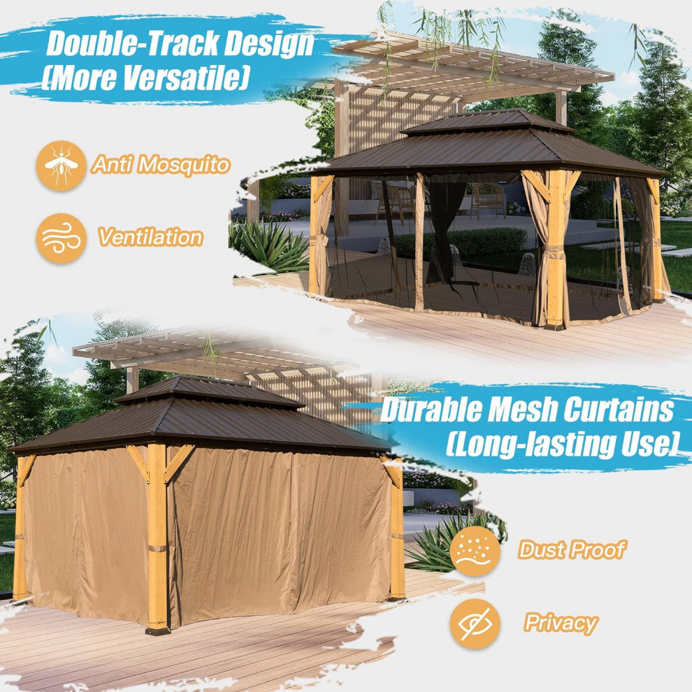Cedar Wood Gazebo, Solid Wood Hardtop Gazebo with Galvanized Steel Double Roof