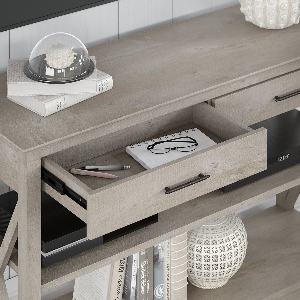 Key West Console Table With Drawers and Shelves, Washed Gray