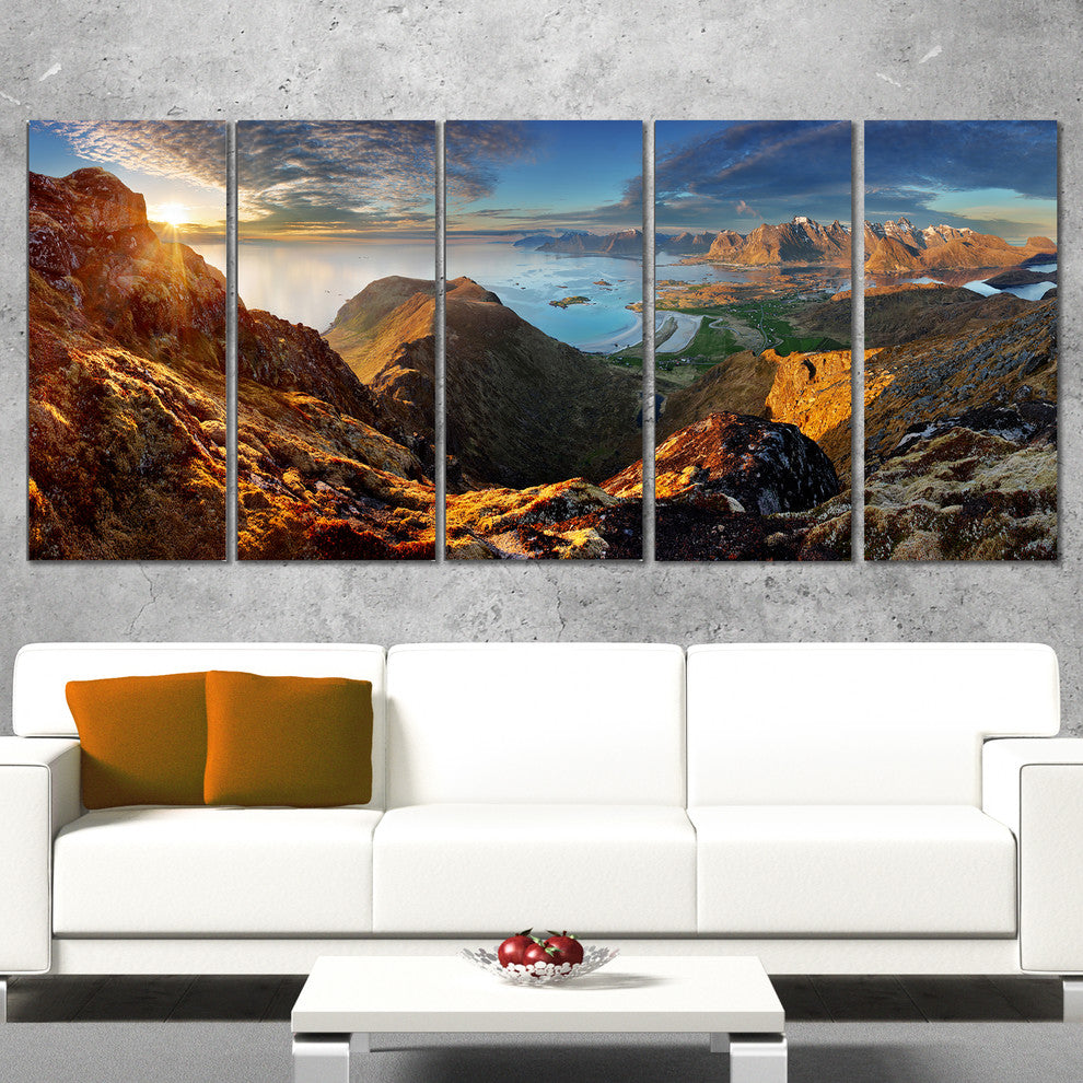 Ocean and Mountains Panorama, Large Landscape Canvas Art, 60"x28", 5 Panels
