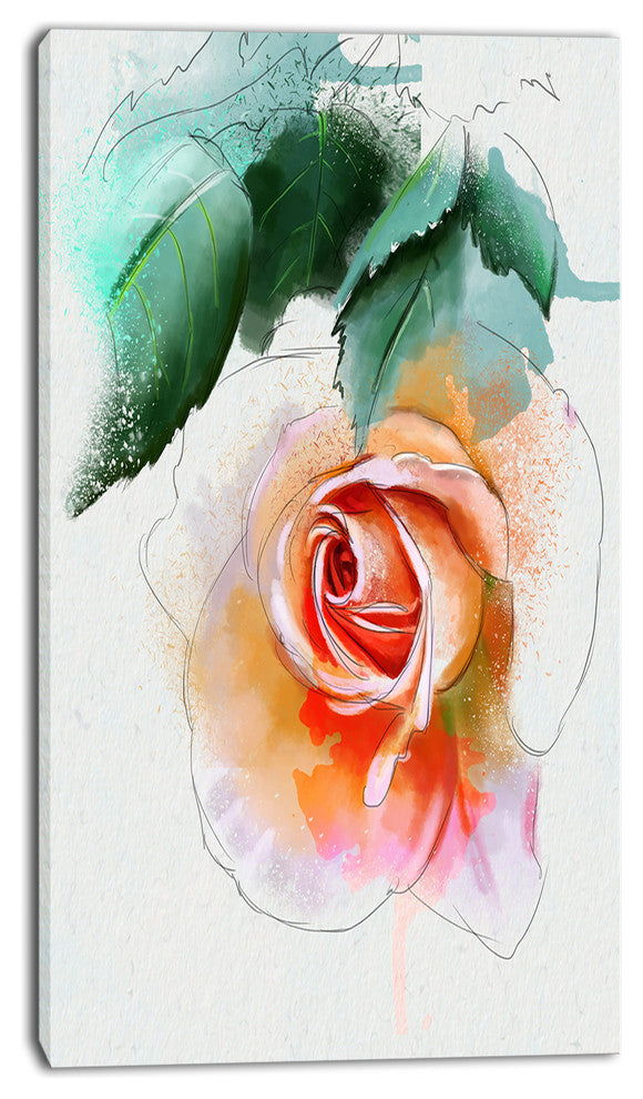 Beautiful Red Rose with Leaves, Floral Canvas Art print, 16"x32"