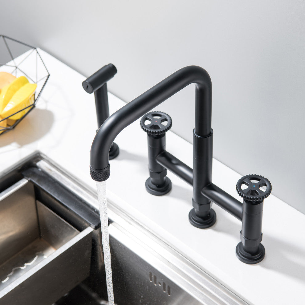 Deck-Mount Bridge Kitchen Sink Faucet With Dual Wheel Handles and Side Sprayer,