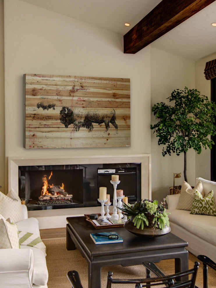"Bison Herd Walk" Painting Print on Natural Pine Wood, 36"x24"