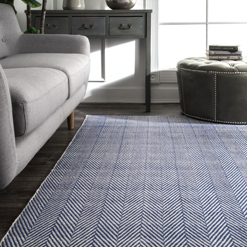 Nuloom Hand-Loomed Chalet Herringbone Cotton Flatwoven Rug, Navy 4'x6'