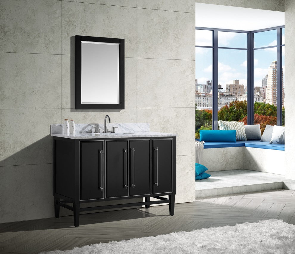 Mason 49" Vanity Combo, Black, Brushed Silver / Natural 1" Carrara White Marble Countertop and Backsplash