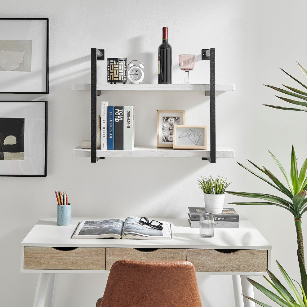 Danya B. Modern 2-Tier Hanging Wall Shelves, Metal and White Birch Finish
