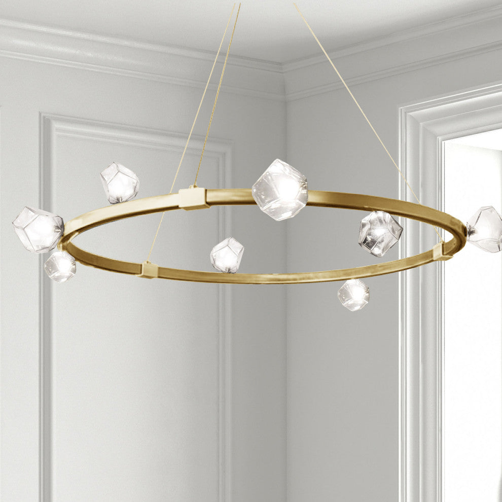 Pearlene Contemporary 12 Light Aged Brass Clear Metal Chandelier