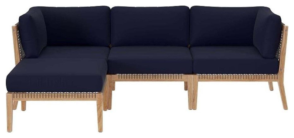 Clearwater Outdoor Patio Teak Wood 4-Piece Sectional Sofa, Gray Navy