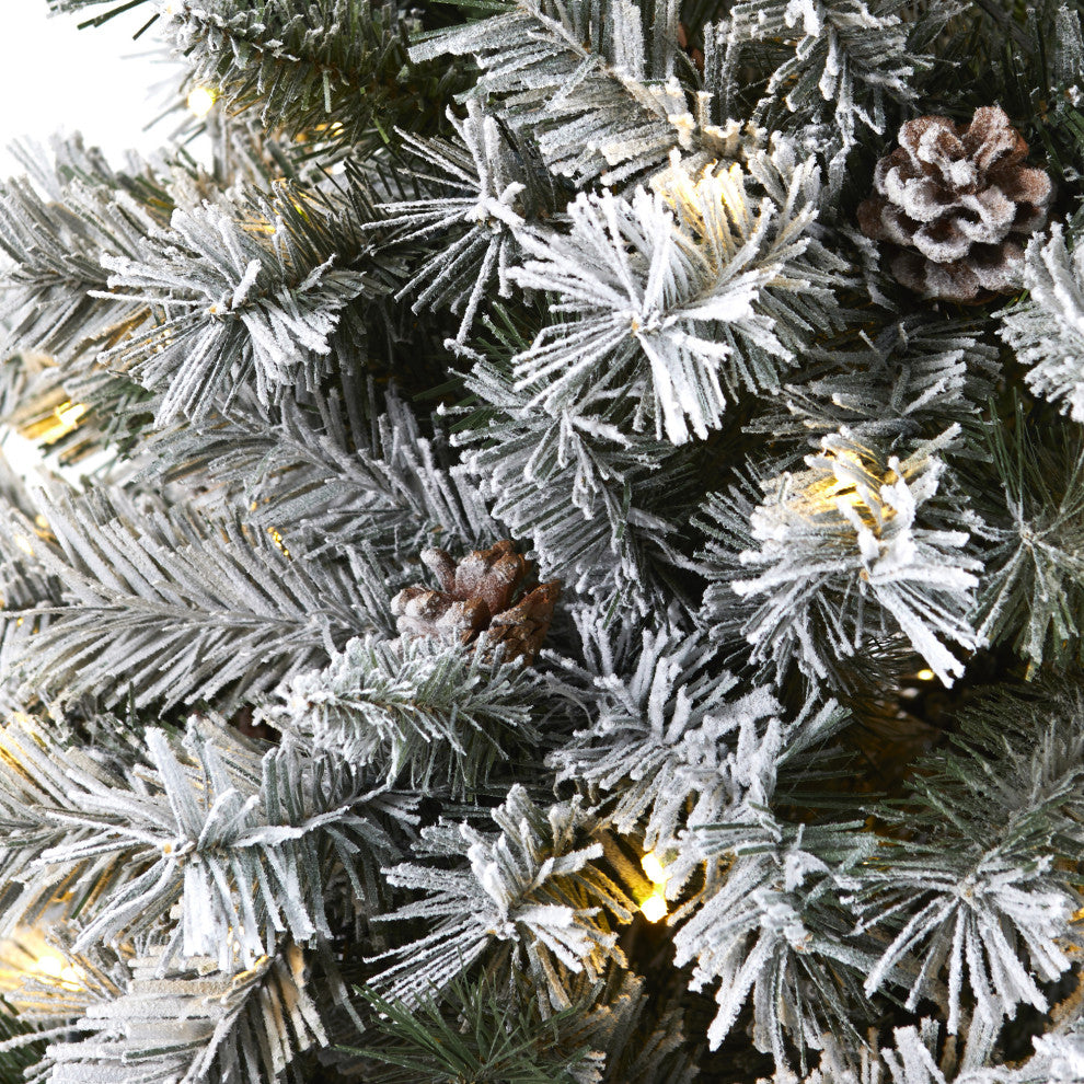 6' Flocked White River Mountain Pine Faux Xmas Tree W/Pinecones & Clear Lights