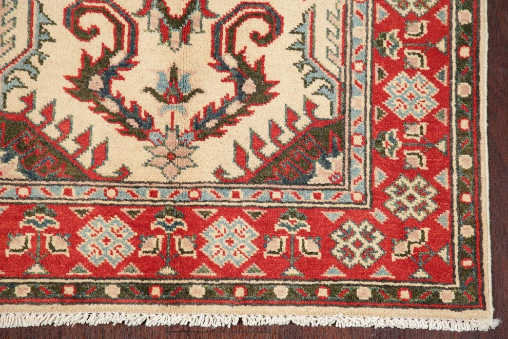 Pakistani Kazak Traditional Oriental Area Rug Hand-Knotted, Beige, 3'8"X2'8"