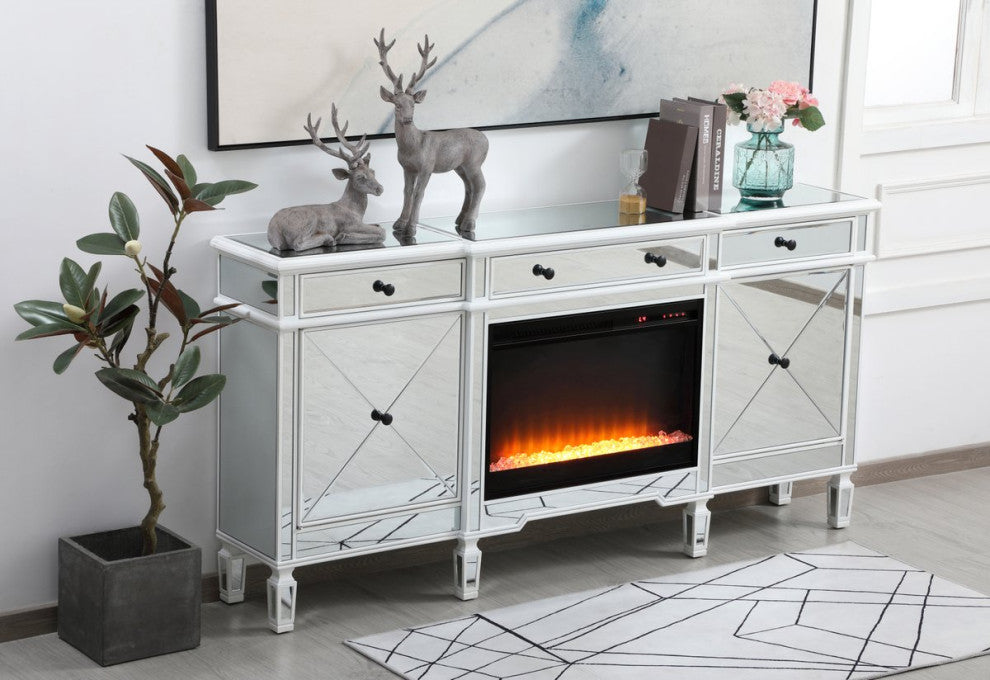 Elegant Decor MF61072AW-F2 Mirrored Credenza With Crystal Fireplace